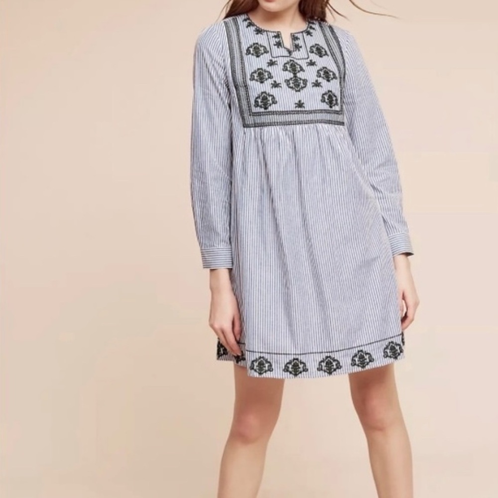 Anthropologie Lili’s Closet Andon Cotton Swing Dress with Stripes and Embroidery